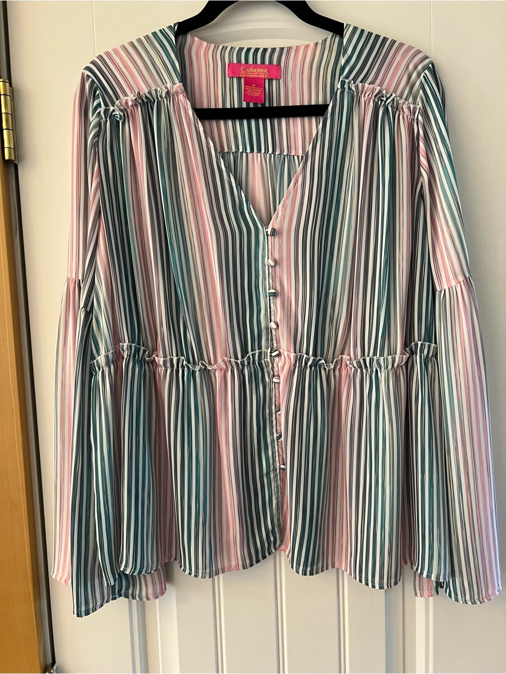Catherine Malandrino Pink & Teal Striped Button-Front Peplum Blouse